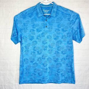 Tommy Bahama Polo Mens Large Blue Jacquard Pineapple Palm Hawaiian Golf Shirt